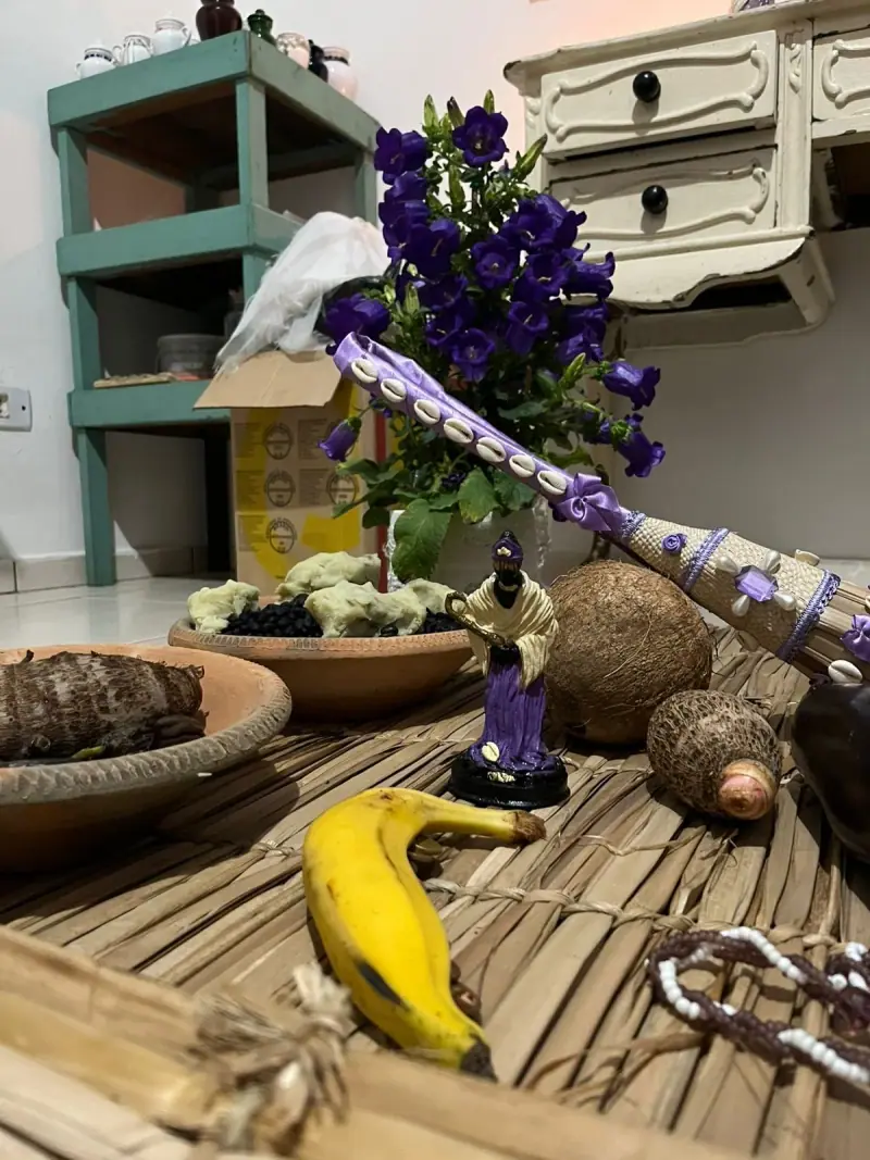 Oferenda na esteira de palha com flores roxas, coco, inhame e banana